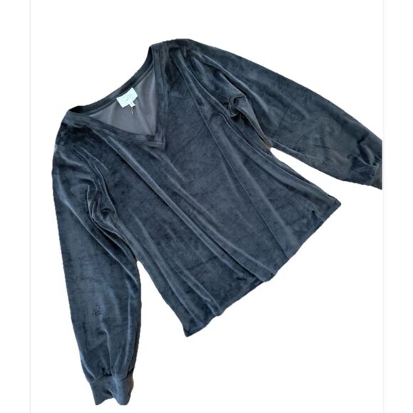 Cozy Black Velour V-Neck Pullover Top Soft Lounge Long Sleeve Relaxed Fit XL - Picture 1 of 8